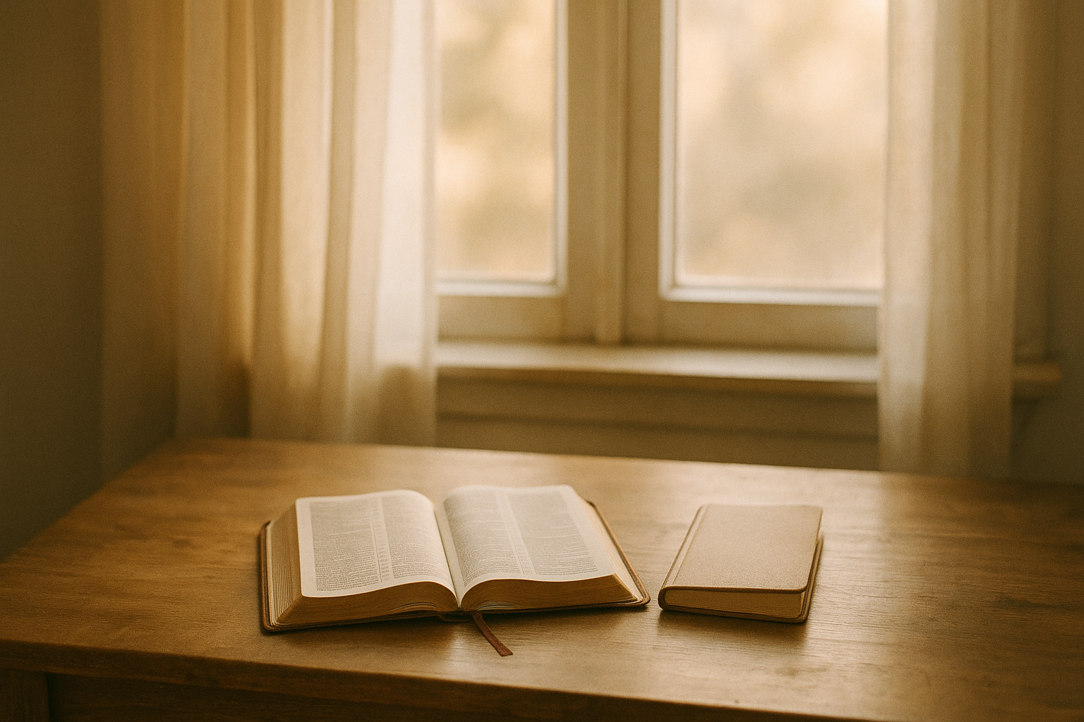 An open Bible and a closed journal on a wooden desk in front of a softly lit window with sheer curtains, creating a peaceful, contemplative atmosphere.